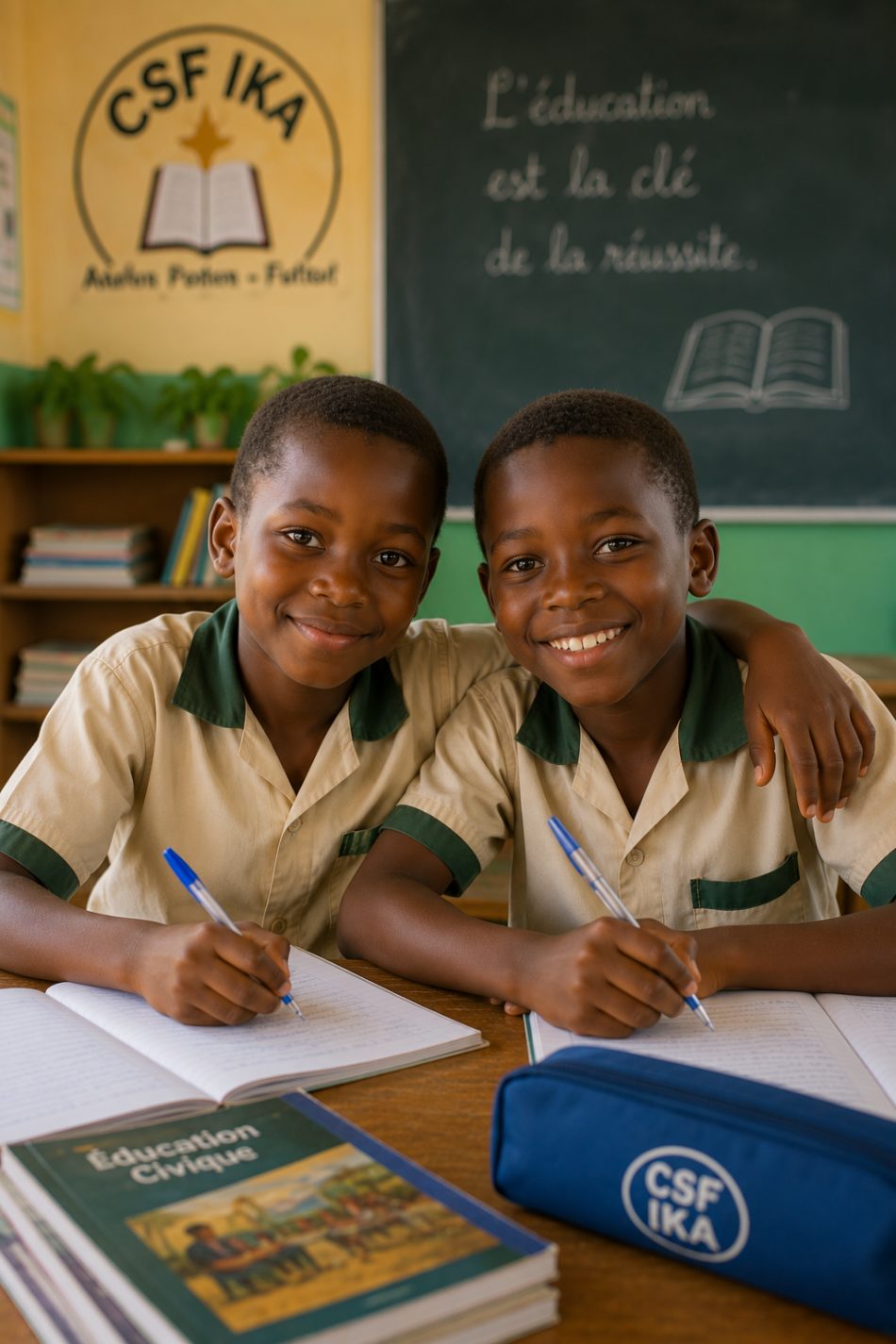 Deux élèves avec leur manuel d'éducation civique